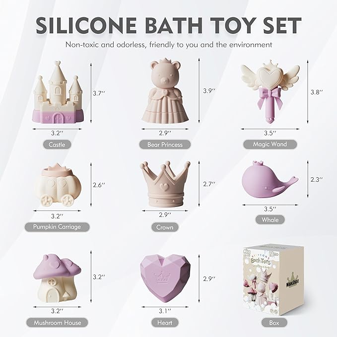 MarcZero Princess Silicone Bath Toys 8Pcs for Toddlers Kids Babies,Bathtub Water Toys,Soft Squeezable Easy-Grip Pool Toys Set (Purple)