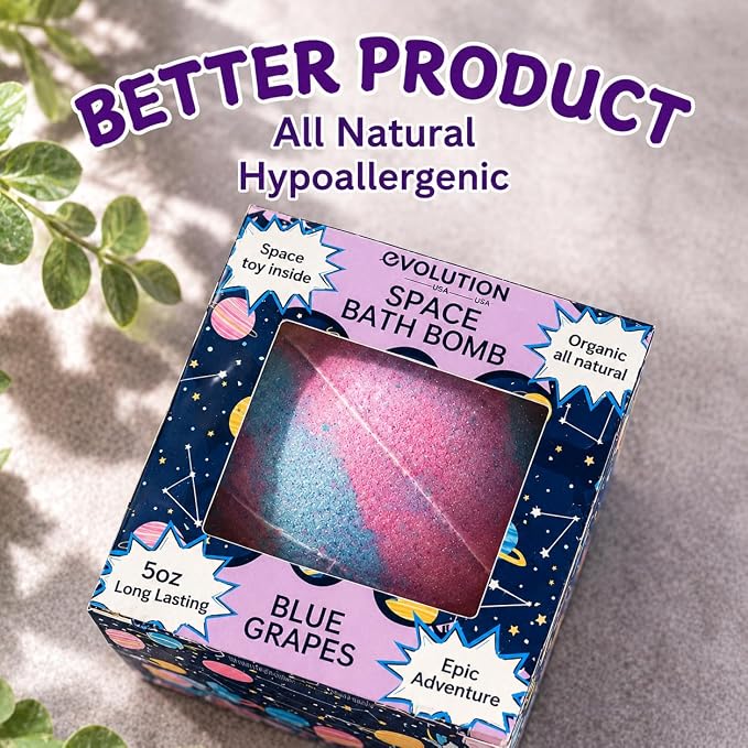 EvolutionUSA 1 Space Bath Bomb for Boys & Girls - Planet Bath Ball with Toy Hidden Inside, Organic Hypoallerganic Space Childrens Bathbomb, Cosmic Fun Bath Bomb Gift Set Birthday, Christmas, Easter