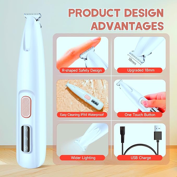 Dog Paw Trimmer - Pet Paw Trimmer with LED Light - Electric Clippers for Dogs, Cats, Rabbits - Grooming Shaver for Pet Feet Face Eyes Ears Rump Hair - Paw Cleaner - Rechargeable, Low Noise, Cordless