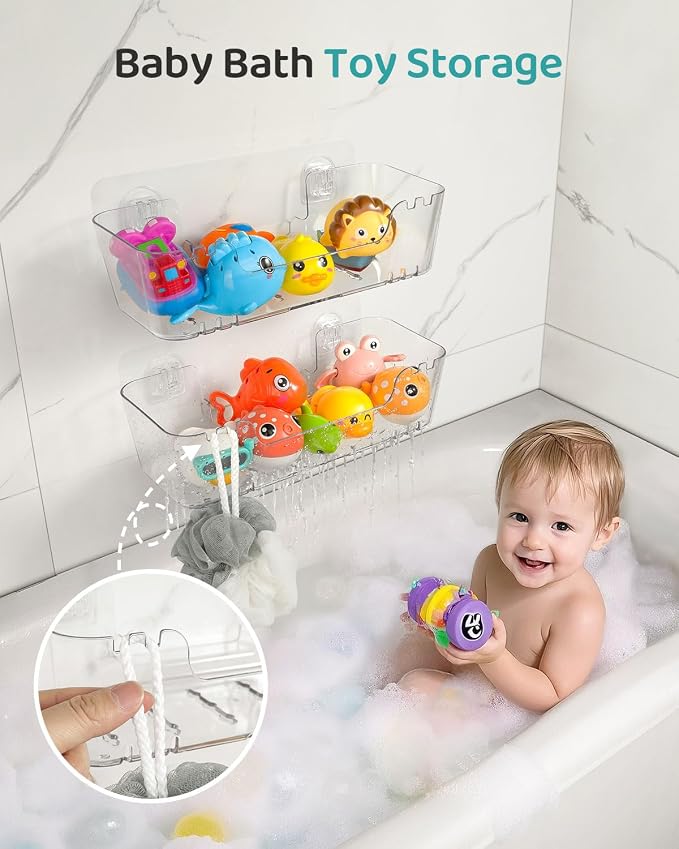 Bath Toy Storage Organizer 2 Pack, Transparent Bath Toy Holder with Drain Holes, Durable Plastic Bathtub Toy Storage for Bathroom, Quick-Dry Drainable Shower Caddy, Easy to Clean and Install