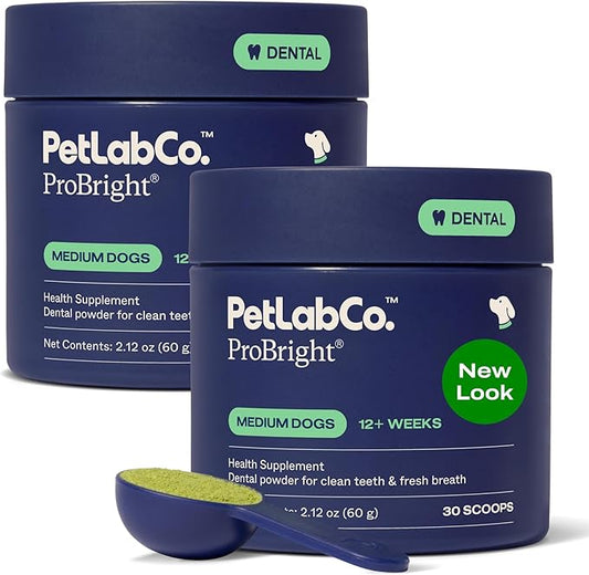 PetLab Co. ProBright Dental Powder - Dog Breath Freshener - Teeth Cleaning Made Easy – Targets Tartar & Bad Breath - Formulated for Medium Size Dogs - Pack of 2