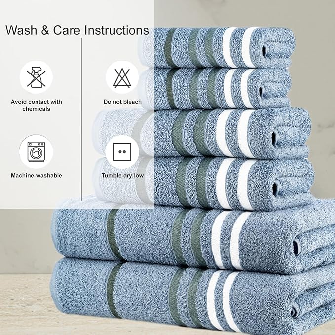 CASA COPENHAGEN Exotic 6Pcs 100% Egyptian Cotton Designer Towels Gift Set- Dusty Blue, 550GSM,2Bath2Hand2Washcloths,Bath Towels for Bathroom (Box Pack,Gift Ribbon Set for Women & Men)