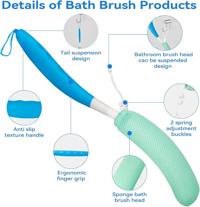 15.35" Back Bath Brush with Sponge,Back Scrubber Bath Mesh with Curved Long Handle Bath Body Brush for Elderly Aid Bathing and Shower