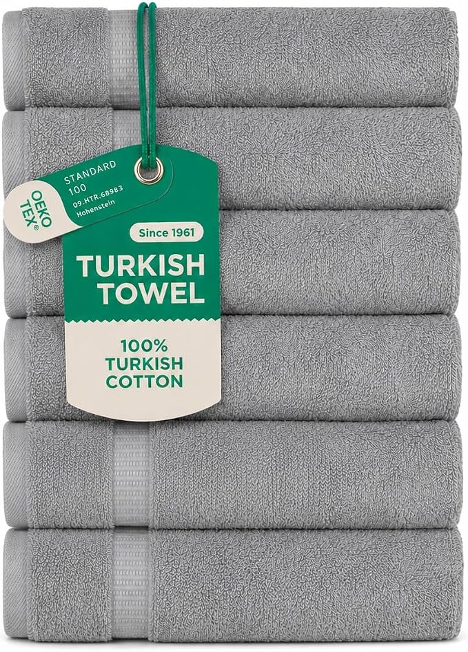 SALBAKOS 100% Turkish Cotton Hand Towel Set of 6 16x30 inch | Heirloom Quality | Hotel & Spa Collection | Soft, Super Absorbent, Long Lasting Hand Towels | Made in Turkey (Silver, 6 Hand Towels)