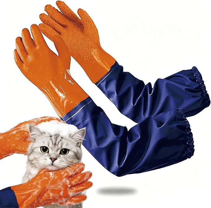 YOFANG Pet Grooming Washing Gloves,27.2" Extra Long Waterproof Rubber Bathing Gloves for Dogs & Cats,Anti-Bite & Anti-Scratch Hair Removal Cat Bath Gloves with 3000+ Massage Particles,Orange/Dark Blue