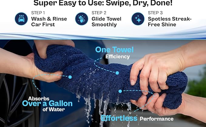 Captain's Car Care "The Kraken Drying Towel #1 Best and Largest Towel for Truck Detailing Streak Free, Massive 30x40 Inch Size, 1300 GSM Ultra Soft, Large Twisted-Loop Microfiber 70/30 Blend