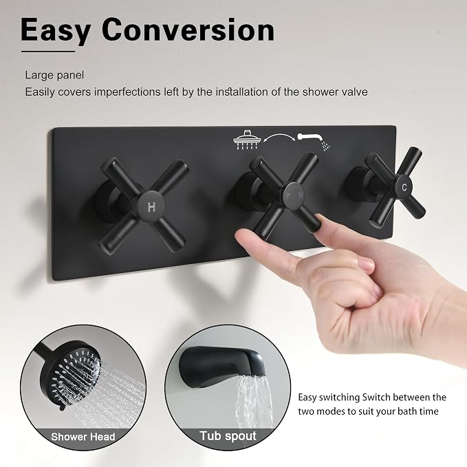 3 Handle Tub Shower Faucet Matte Black Shower Tub Faucet Set 3 Knob Bathtub Shower Faucets Sets Complete BY3HSTB-1