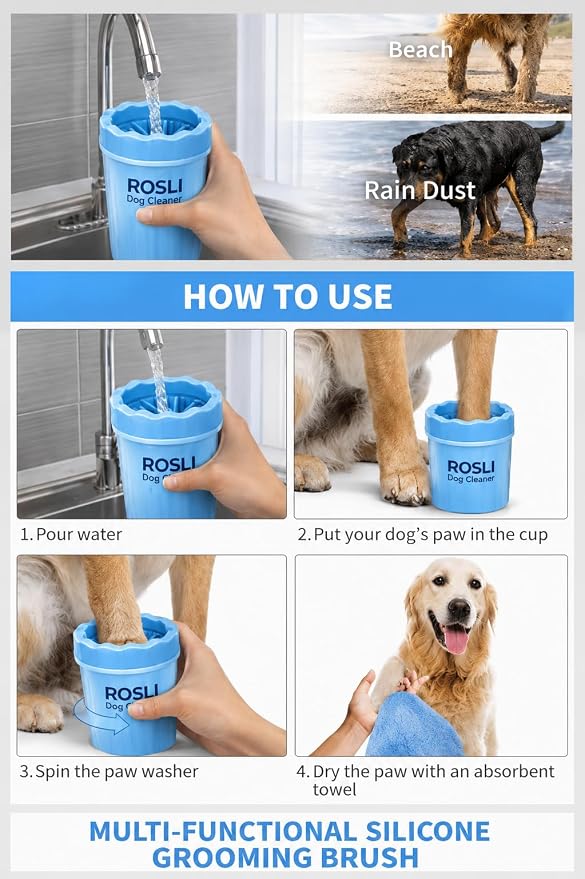 ROSLI Dog Paw Clianer Cup - Portable Pet Paw Washer for Dogs - Deep Cleaning Mud & Dirt - Silicone Brush - Easy to Use & Wash (Blue, Large) (Blue, Large)