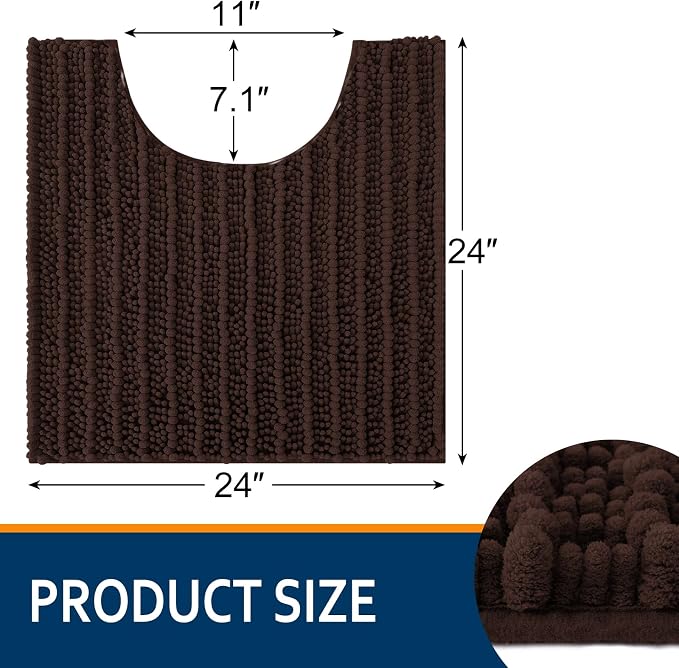 Smiry Bathroom Toilet Rugs U Shaped 24x24, Extra Soft Absorbent Non Slip Rubber Backing Chenille Contour Bath Rugs for Toilet, Machine Washable Contoured Bath Mats, Brown