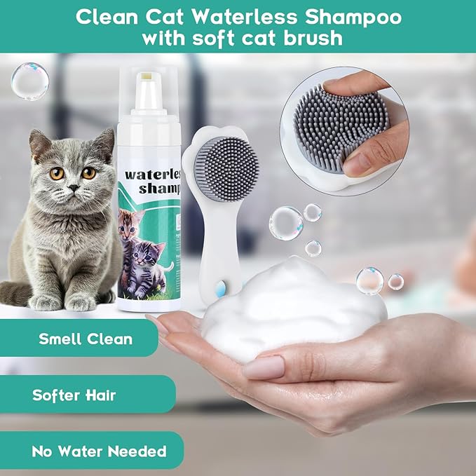 Waterless Cat Shampoo with Cat Brush, Cat Dry Shampoo, No Rinse Foam for Cat Bath