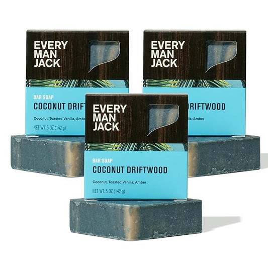 Every Man Jack Cold Processed Mens Bar Soap - Coconut + Driftwood Scent - Deeply Cleans & Hydrates with Shea Butter and Coconut Oil - (3 Pack)
