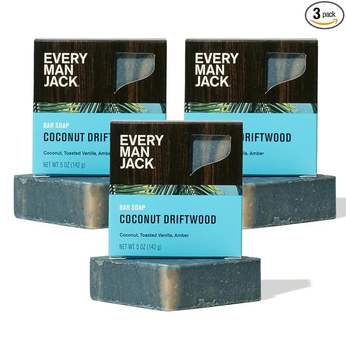 Every Man Jack Cold Processed Mens Bar Soap - Coconut + Driftwood Scent - Deeply Cleans & Hydrates with Shea Butter and Coconut Oil - (3 Pack)