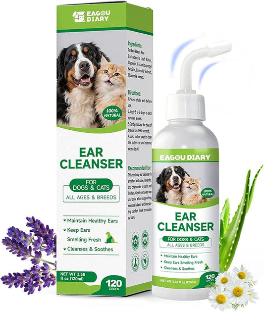 Dog Ear Cleaner Solution - Removes Debris, Wax, Odor, Itch Relief, 120ML | with Aloe, Lavender, Chamomile, Ear Drops for Dogs, Dog Ear Infection Treatment, Ear Wash, Flush and Care