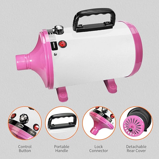 High Velocity Professional Dog Grooming Dryer,Adjustable Temperature and Speed Hair Dryer for Pets with 4 Nozzles