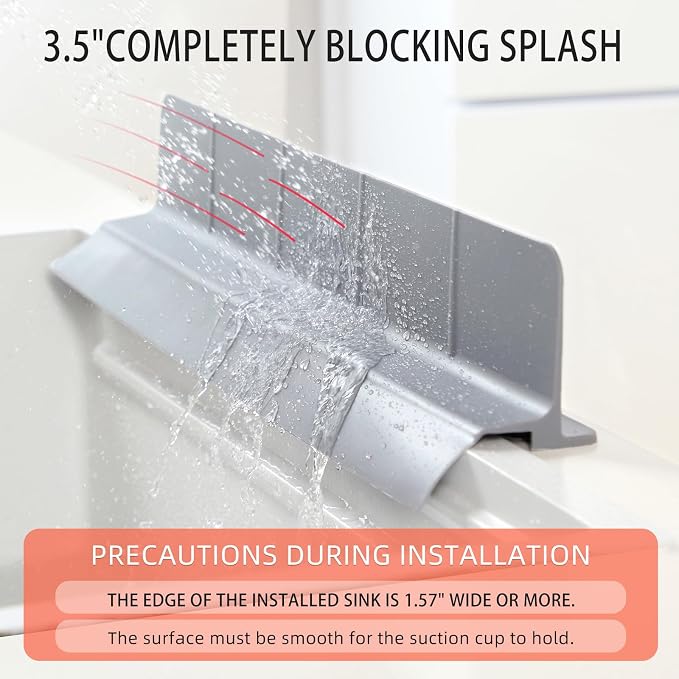 23" Ultra Silicone Sink Splash Guard Released in 2026,Self-Draining Water Splash Guard for Kitchen Sink,Bathroom and Island,with 3.5" High Splash Guard & 7 Strong Suction Cup (Grey)