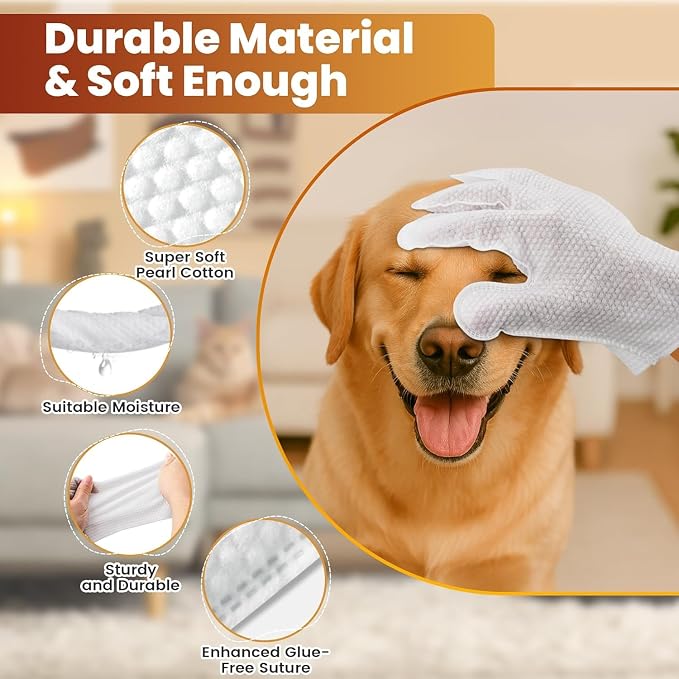 Thick Pet Glove Wipes for Dog & Cat - 6 Pack Disposable Grooming Gloves, Dog Bath Brush, Cat Shedding Glove, Pet Washing Mitt, Unscented