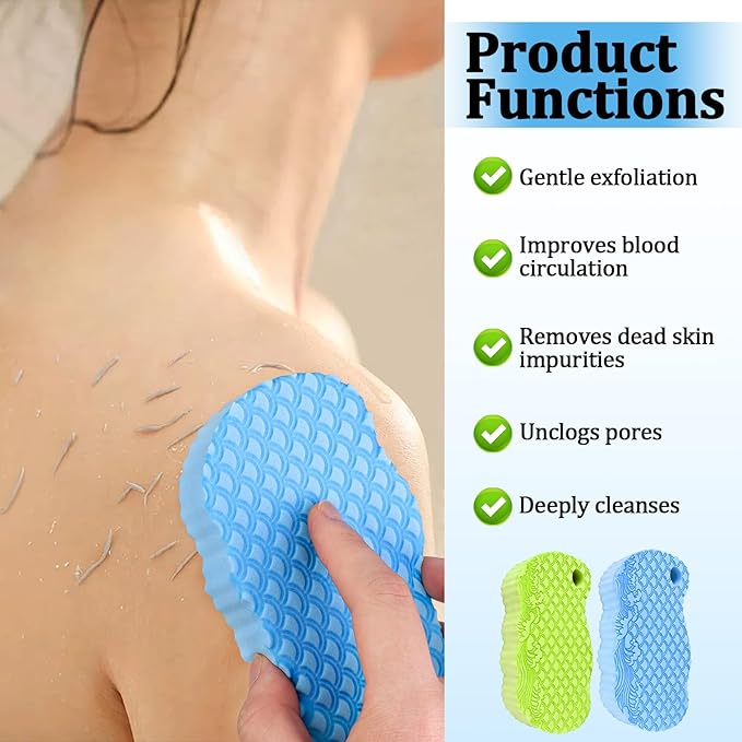 2Pcs Magic Exfoliating Bath Sponge, 3D Ultra-Soft Body Exfoliating Sponges, Deep Cleansing Dead Skin, Lanyard Bath Sponge for All Skin Types,Suitable for Both Men and Women (Blue+Green)
