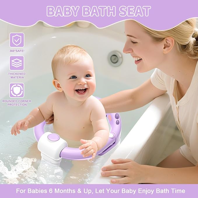 TPN Baby Bath Seat for Babies 6 Months & Up, Non-Slip Toddler Bath Seat with 5 PCS Waterproof Emoji Stickers, Portable Infant Bath Seat for Baby (Lavender)
