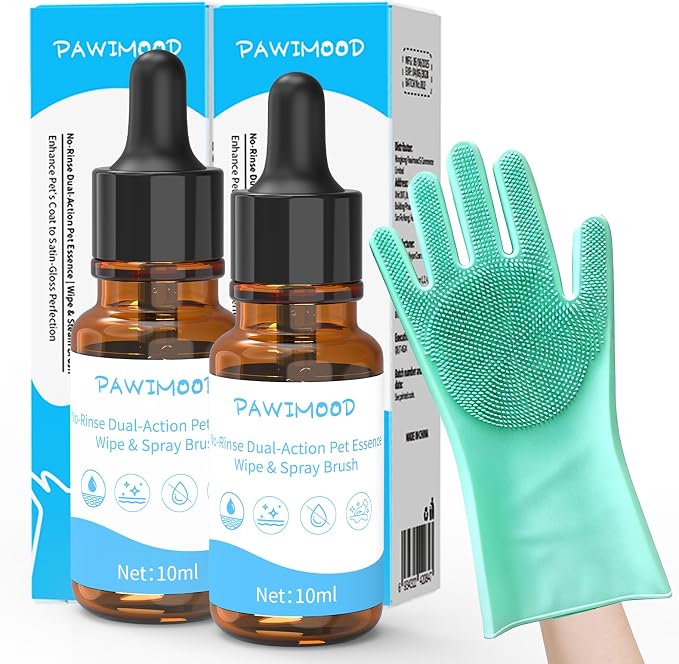 2Pcs Waterless No-Rinse Pet Shampoo Essence for Dogs & Cats with Green Grooming Gloves | Pomegranate Scent for Skin & Coat Care | Includes 5-Finger Bathing & Massage Gloves for Dogs/Cats