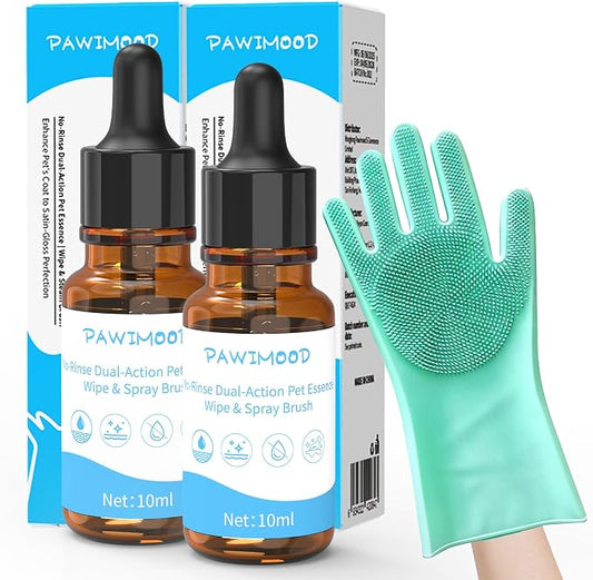 2Pcs Waterless No-Rinse Pet Shampoo Essence for Dogs & Cats with Green Grooming Gloves | Pomegranate Scent for Skin & Coat Care | Includes 5-Finger Bathing & Massage Gloves for Dogs/Cats
