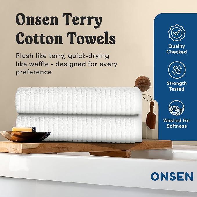 ONSEN Sculpted Terry Bath Towels, 100% American Cotton, Quick Dry Lint Free, Lightweight Absorbent Bath Towel Set with Hanging Loop, 28x55 in (White, 2X Bath Towel)