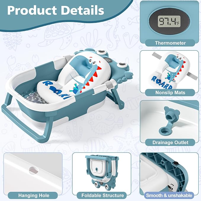 Collapsible Baby Bathtub for Newborns with Thermometer and Soft Floating Cushion Portable and Foldable Travel Baby Girl Bath Tub for Infants to Toddler 0-36 Month (Blue)