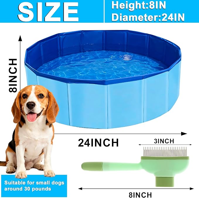 Koliva Foldable Pet Swimming Pool 24x8 Inch, Dog Bath Tub with Drain Hole & Pet Brush | Non-slip bottom & drain outlet, lightweight, for dog cat puppy bathing & play