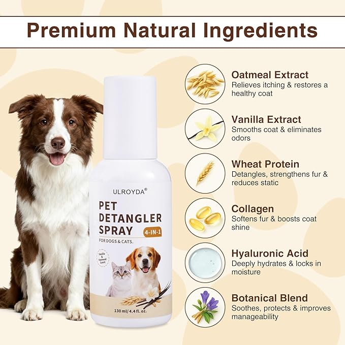 Dog Detangler & Dematting Spray – Leave-in Conditioner for Soft, Smooth Coats | Easy Tangle-Free Grooming with Oatmeal & Collagen | All Breeds, Light Fresh Scent, 4.4 oz
