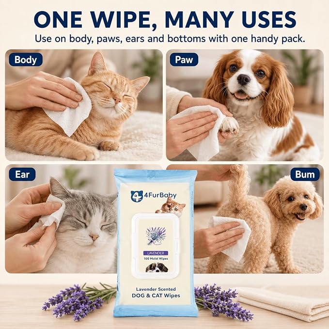 Dog Grooming Wipes for Paws and Butt, Lavender,100 Count | 8" x 8" hypoallergenic wipes with hydrating formula for cleaning, deodorizing, and daily pet grooming