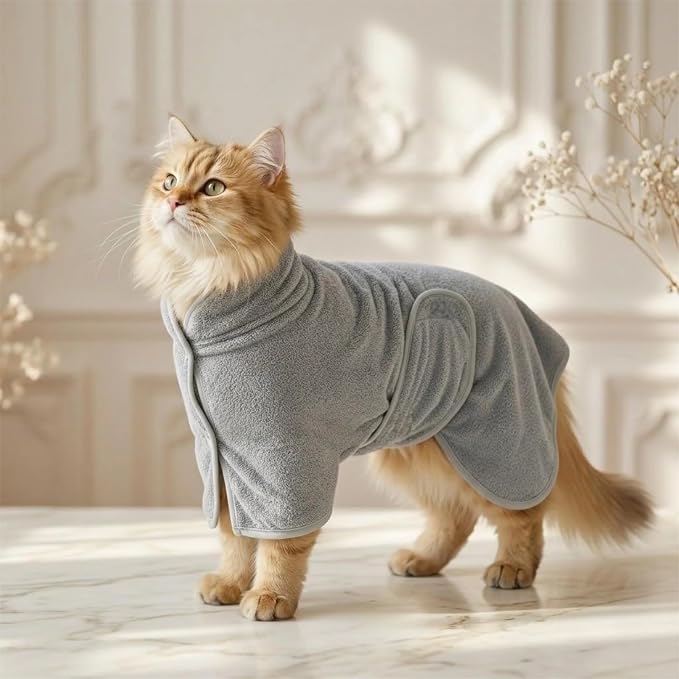 Cat Bathrobe Super Absorbent Drying Towel Full Wrap Quick Dry Pet Robe for Large Medium Small Dogs Adjustable Grooming Coat for After Bathing Swimming & Rainy Day (Gray,Small)
