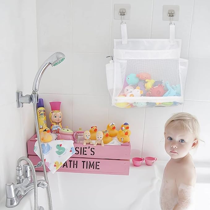 2 Pack Mesh Bath Toys Organizer, Kids Bathroom Toy Storage Holder with Hooks, Bottom Zipper Toy Bag for Bathtub (White)