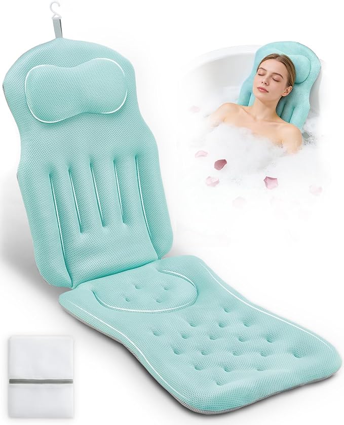 Full Body Bath Pillow for Bathtub, 5D Thick Tub Pillow for Bathtub with 192 Non-Slip Suction Cups, Laundry Bag & Hook, Bathtub Pillow for Head, Neck & Back Support (Green, 51"*15")