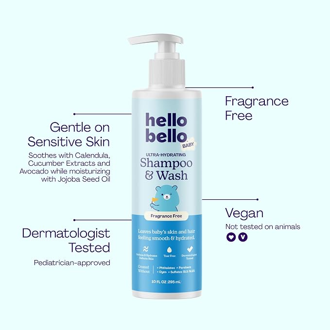 Hello Bello Baby Ultra-Hydrating Shampoo & Wash, Fragrance Free for Sensitive Skin, 10oz Bottle