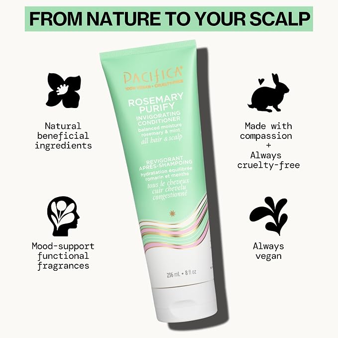 Pacifica Shampoo & Conditioner Set – Rosemary Purify Invigorating Set with Cooling Mint for Clarifying and Detoxing, Sulfate-Free, Vegan & Cruelty-Free, 12 oz & 8 oz (Set of 2)
