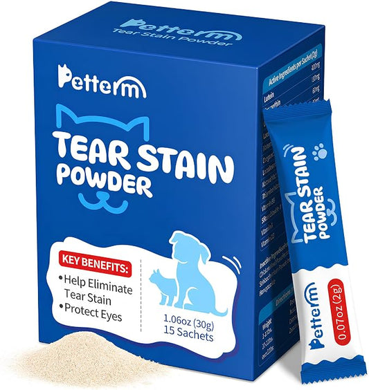 Tear Stain Remover Powder for Dogs & Cats, Probiotic Supplement, 15 Sachets | Pre-Measured Sachets, 6B Probiotics & Lactoferrin, Chicken Flavor for Picky Eaters, No Mess, Supports White Fur
