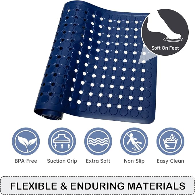 Non-Slip Bathtub and Shower Mats, Power Grip Bath Mat 35 x 16.3 Inch with Suction Cups and Drain Holes for Tub Bathroom Floor Safety, Machine Washable Soft Bathmat, Navy Blue