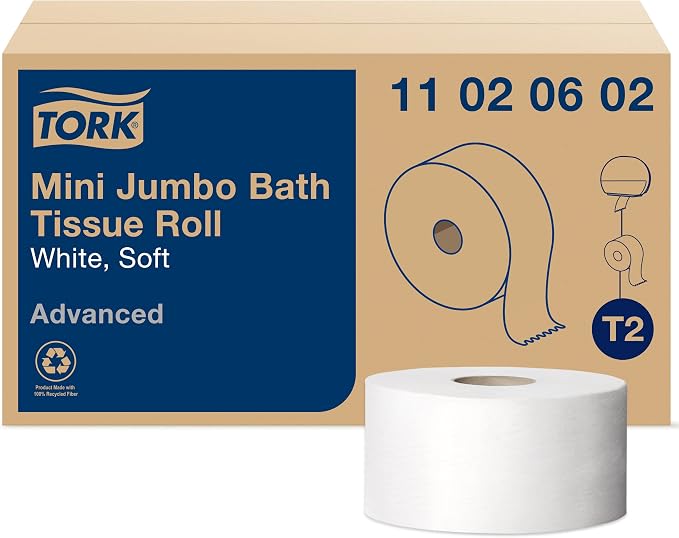 Tork Matic Hand Towel Roll, White With Gray Leaf, H1, 100" Recycled Fiber, 2-Ply, 6 Rolls x 525 ft - 290092A & Mini Jumbo Bath Tissue Roll - Toilet Paper Towels, 12 rolls x 1075, 2-Ply Sheets, White