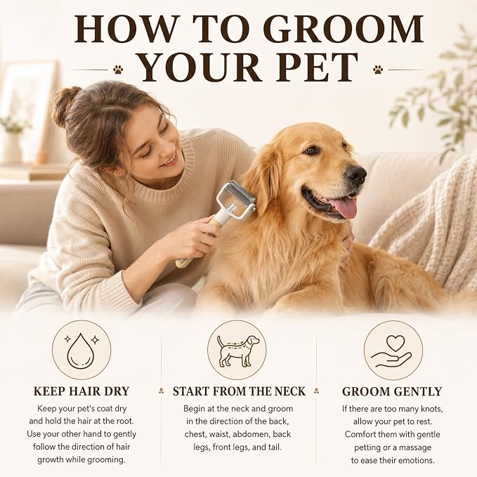 Dual-Sided Pet Grooming Comb,Double Sided Dematting Comb for Dogs & Cats, 2‑in‑1 Professional Pet Grooming Brush Deshedding Dog Brush with Spray Design (1PCS, Yellow)