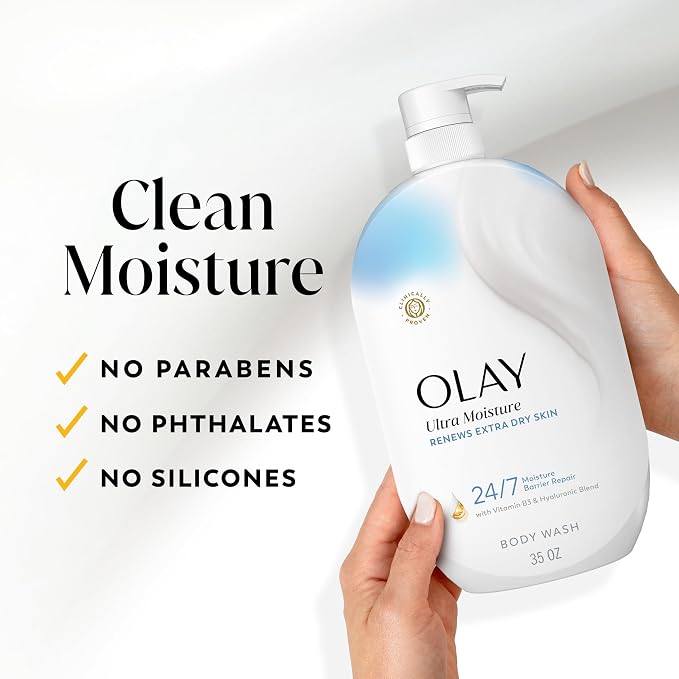 Olay Body Wash for Women, Ultra Moisture, Renews Extra Dry Skin, 24/7 Moisture Barrier Repair, Hydrating Formula for Visibly Healthy Soft Skin, Vitamin B3 & Hyaluronic Blend, All Skin Types, 35 fl oz