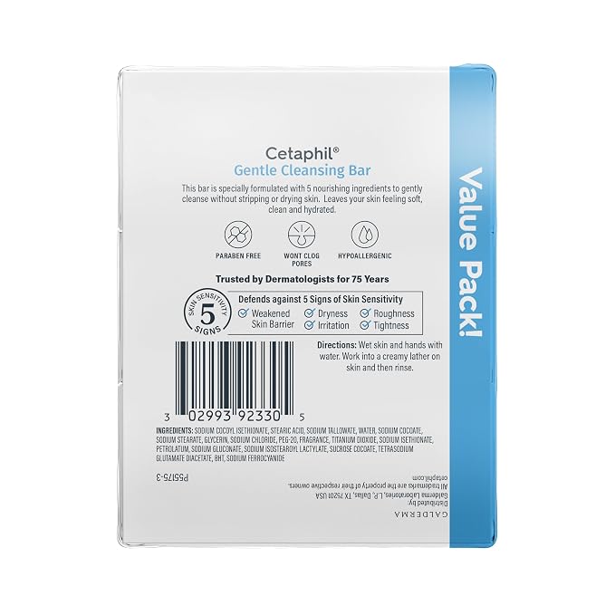 Cetaphil, Gentle Cleansing Bar, Bar, Nourishing Cleansing Bar for Dry, Sensitive Skin, Non-Comedogenic, Non-Irritating for Sensitive Skin, 4.5 Ounce, 3 Count