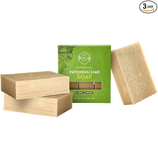 Crate 61, Handmade in Canada, Plant Based Cold Process Natural Bar Soap For Face And Body, With Premium Essential Oils, For Men And Women 3 Pack (Patchouli Lime)