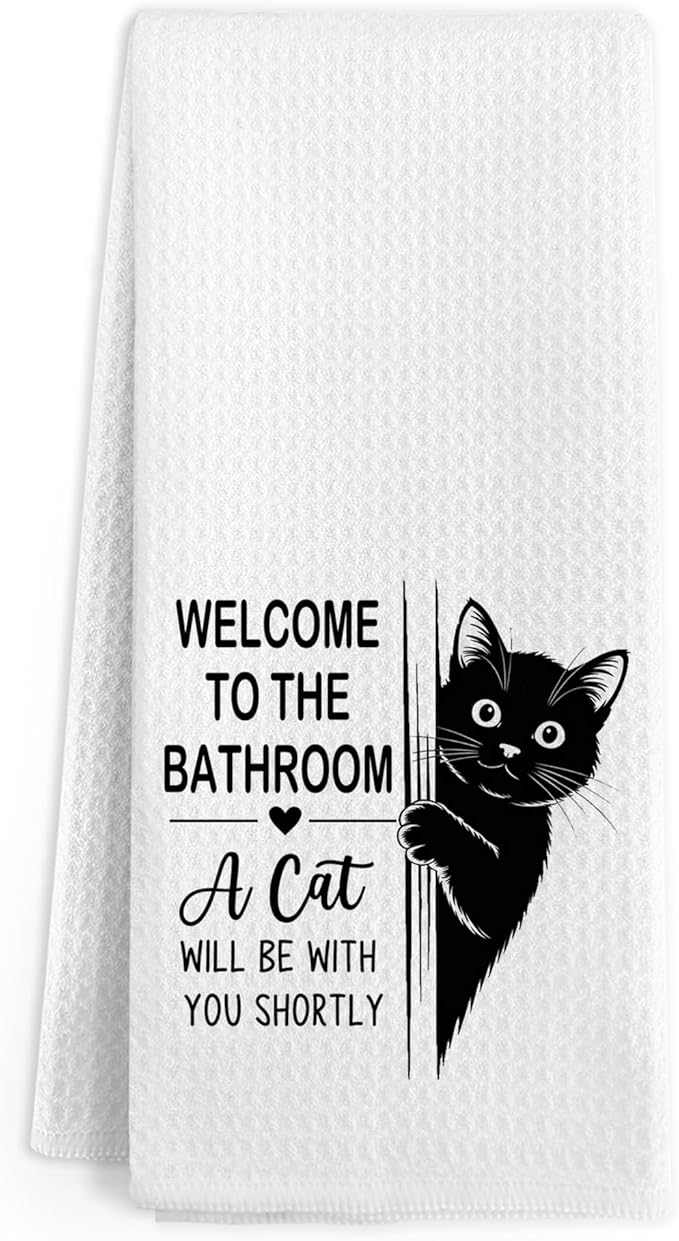 Funny Black Cat Hand Towels for Bathroom, A Cat Will Be with You Shortly Hand Towels, Black Cats Welcome to the Bathroom Dish Tea Towel Decor, Cats Gifts for Women Men, 16x24 Inch