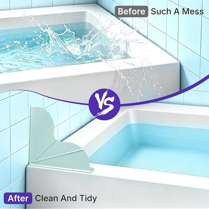 BUCABUCA 2-Pack Silicone Shower Splash Guard with Strong Suction Cups, No Adhesive L-Shaped Bathroom Water Splash Blocker, Reusable Silicone Water Guard for Bathtub, Washbasin, Kitchen Sink (Green)