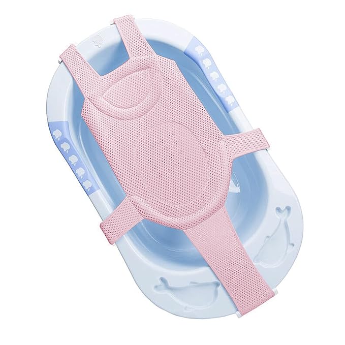Adjustable Baby Bath Tube Support Mesh Net Soft Breathable Infants Shower Pad Newborn Bathing Mat 5-Point Anti-Slip Bathtub Seat with Sponge Cushion for Toddlers 0-18 Months