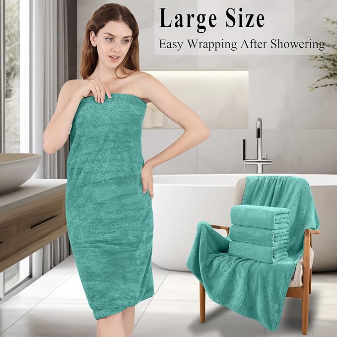 Bath Towel Set of 4, Extra Large Towels Oversized 35x70 Inch Shower Bathroom Towels Highly Absorbent Quick Dry Towel Textured Soft Bath Sheet Towels Set for Bathroom Hotel SPA Camping (Sea Blue)