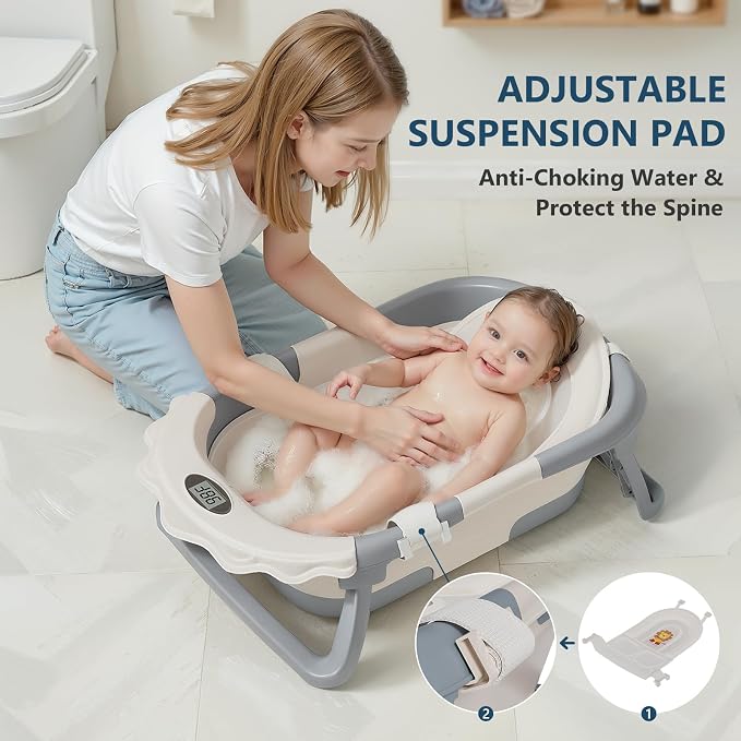 MoreFeel Foldable Baby Bathtub with Thermometer - 4-in-1 Grow-with-Me Collapsible Infant Tub (Newborn to Toddler) with Adjustable Mesh Sling - Space Saving Design