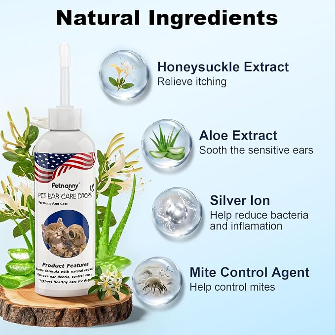 Petnanny Dog Ear Cleaner Solution, Cat Ear Cleaner Non-Stinging Ear Drops, Silver Ion & Botanical Formula for Gentle Daily Ear Care, Soothes Itching, and Removes Ear Debris Dirt, 4 fl oz