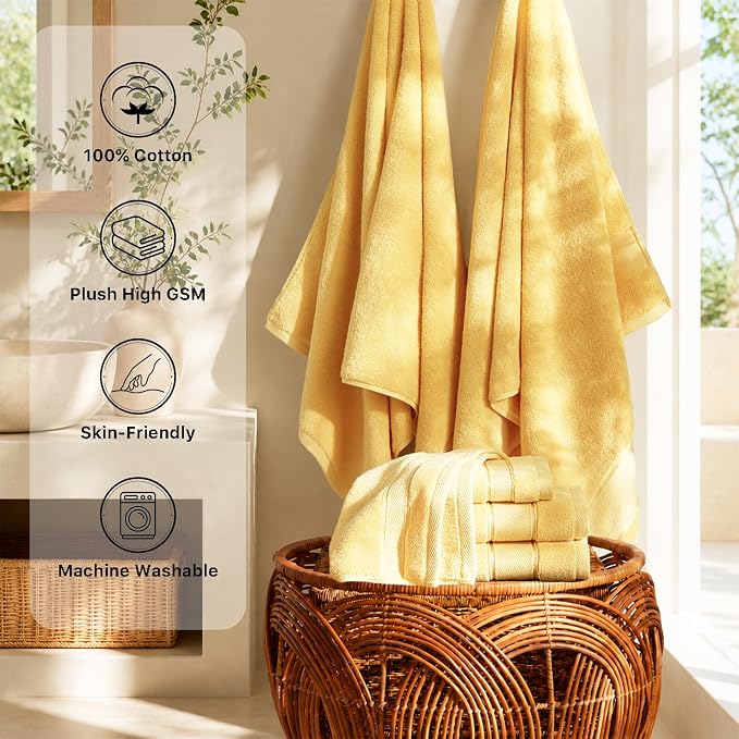 Marvione Bath Towels Set 6 Piece, 100% Turkish Cotton Highly Absorbent and Soft Towels for Bathroom 2 Bath Towels 2 Hand Towels 2 Washcloths, Light Yellow