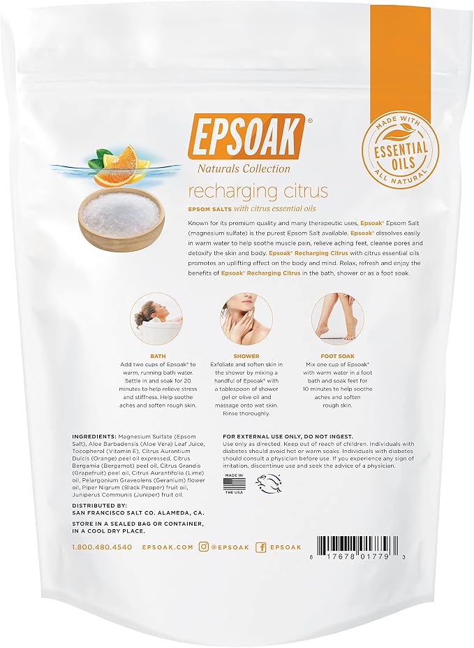 Epsoak Epsom Salt 2 lb. USP Magnesium Sulfate with Citrus Scent Resealable Epsom Salt Bag, Made in The USA, Cruelty-Free Certified