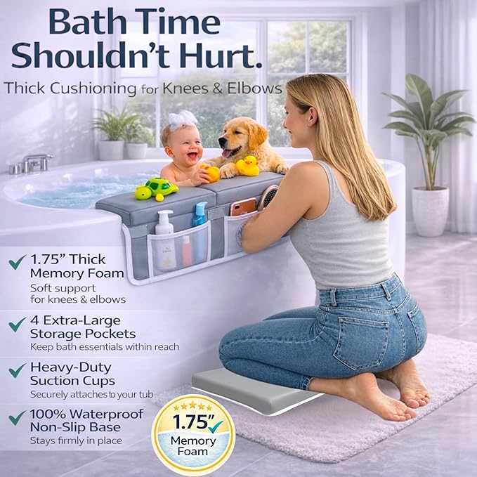 Comfortable Baby Bath Kneeler and Elbow Rest Pad Set, Non-Slip Bathtub Kneeling Pad for Bathing Baby, Bath Tub Cushion Mat, Elbow Pads, Toy Organizer Storage Pockets, Strong Suction Cups (Lua Gray)